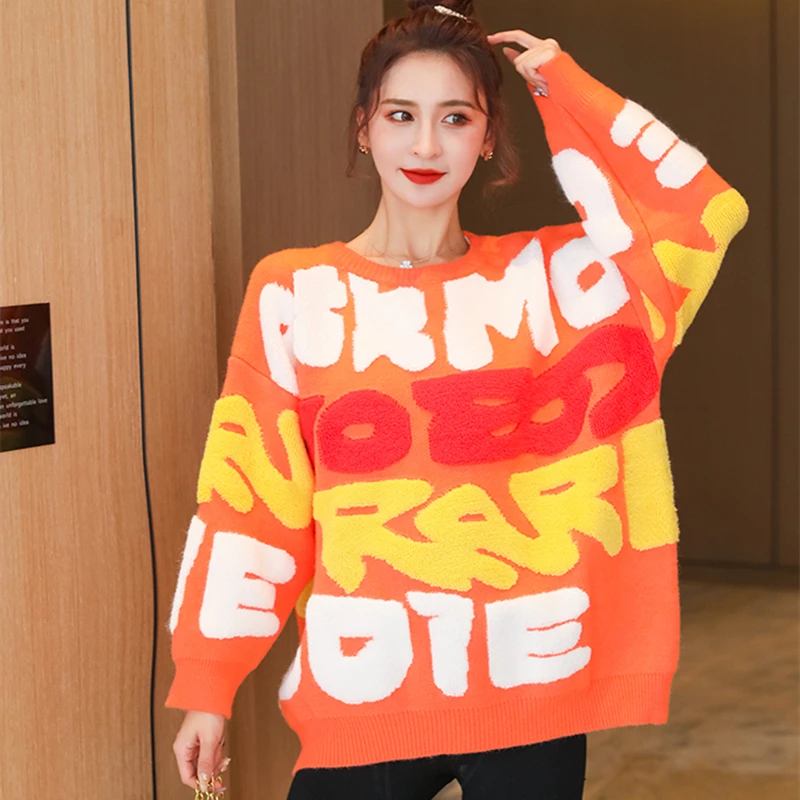 

2020 New Autumn Winter Women Fashion Big Letter Jacquard Thicken Warm Sweater Maternity Clothes Loose Pullover Sweater