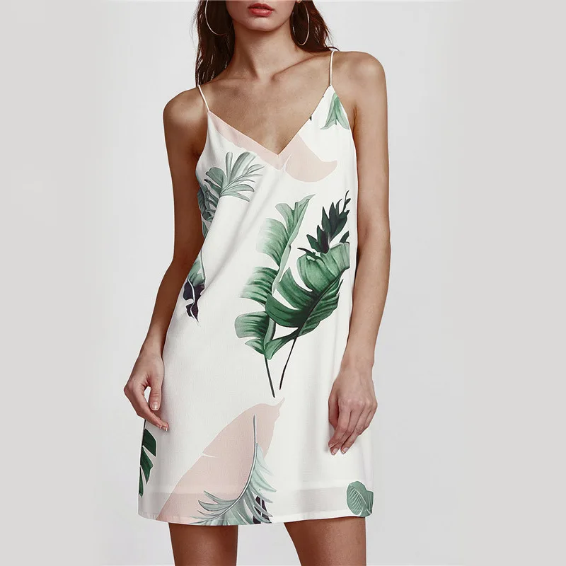 White Beach Cami Summer Dress Women Printed Palm Leaf Double V Neck Casual Dresses Shift Sexy Sleeveless Holiday Dress