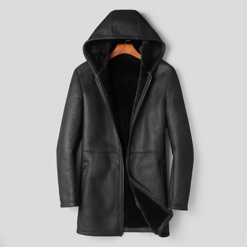 Мужская куртка из натуральной кожи, овчина, зимнее теплое шерстяное пальто, черная овчина, верхняя одежда, дизайнерский бренд, толстая меховая e8-11