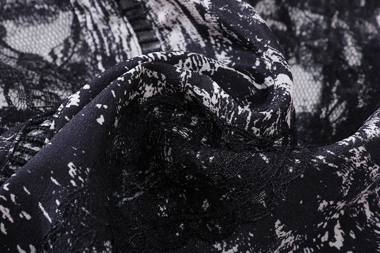 Silk T Shirts Spring Lantern Sleeve Black Lace Sexy Ladies Tops Hollow Out Mesh V Neck Print Pullover Tees Women Clothing