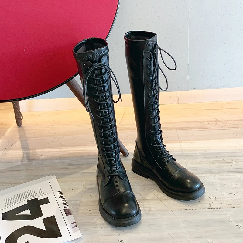 Thick-soled Stretch Leather High Boots New Motorcycle Boots Women 2022 Autumn and Winter Long Boots Chelsea Women's Autumn Shoes