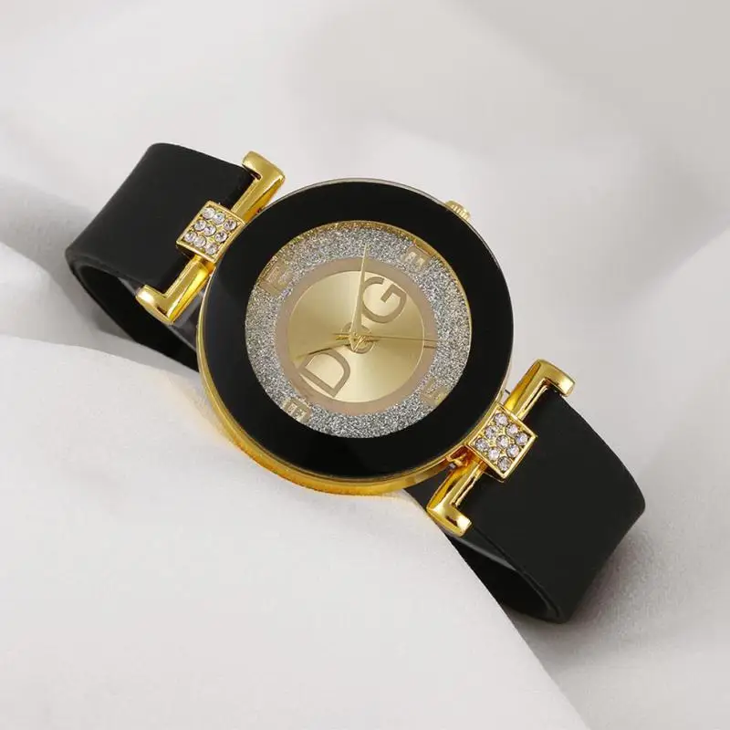 High Quality Dqg Brand Simple Crystal Fashion Quartz Female Watch Black Design Silicone Strap Large Dial Creative Fashion