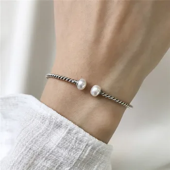 

RUIYI Real 925 Sterling Silver Double Pearl Twisting Curve Chic Bracelets Women Vintage Distressed Handmade Weaving Open Bangles