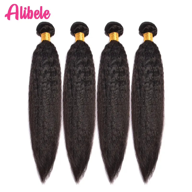 

Alibele Kinky Straight Hair Bundles 4 Pcs Brazilian Hair Weave Bundles Non Remy Hair Weft Yaki Human Hair Extensions 8-30 inch