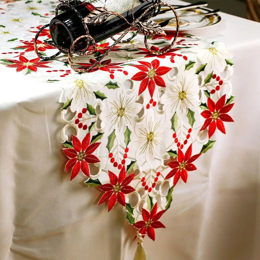 

38*176CM Christmas Embroidered Table Runner Hollow Embroidered Tablecloth Home Dining Table Coffee Table Decoration Tablecloth