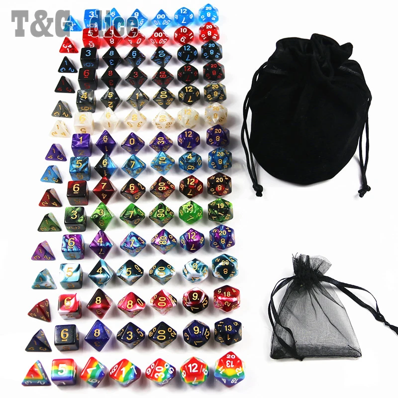 105 красочных игральных костей с черной сумкой T & G Rainbow 15 комплектов D4 D6 D8 D10 % D12 D20