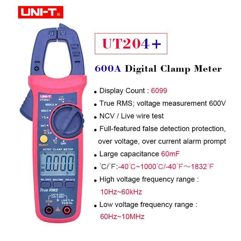 UNI-T True RMS Clamp meter UT201+/UT202+/UT203+/UT204+ 400-600A false detection protection Auto range high precision multimeter - Цвет: UT204 Plus