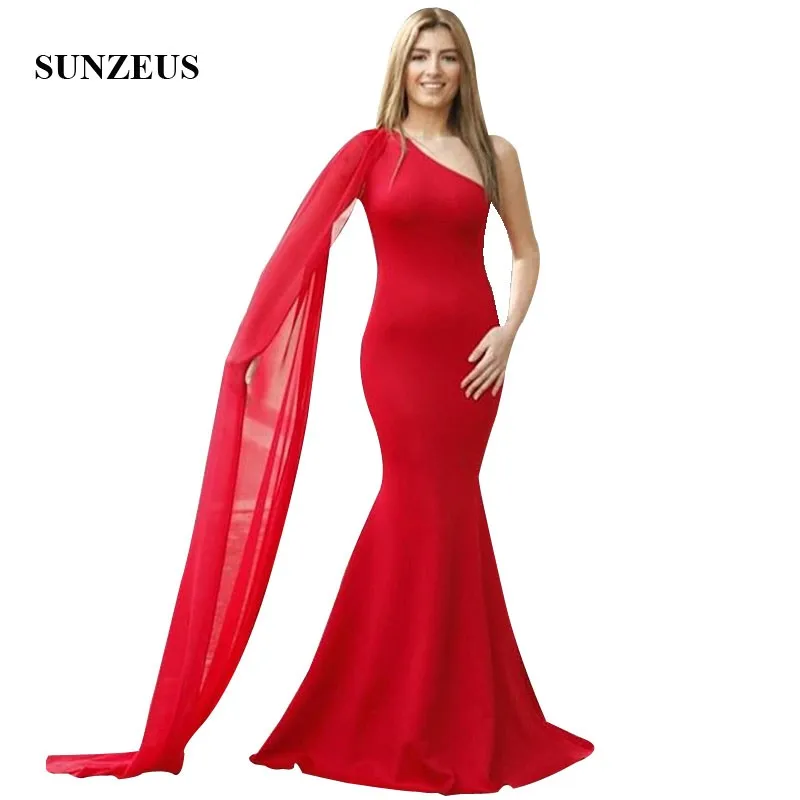 

Red Mermaid Evening Dresses One Shoulder Watteau Train Long Formal Gowns Simple Elegant Women Dress For Party