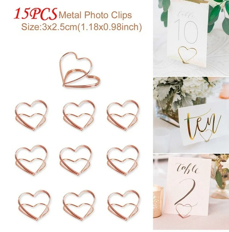 15 Uds en forma de corazón de Clip para tarjetas o fotos titular de la Decoración de mesa de boda Retro Clips oro rosa Clips con apuntes mentales estacionario