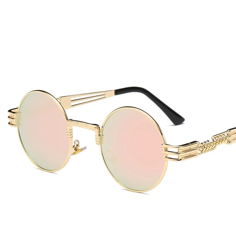 Готические солнцезащитные очки в стиле стимпанк для мужчин и женщин с металлической окантовкой, круглые очки, фирменный дизайн, солнцезащитные очки, зеркальные, высокое качество, UV400 - Цвет линз: gold-pink