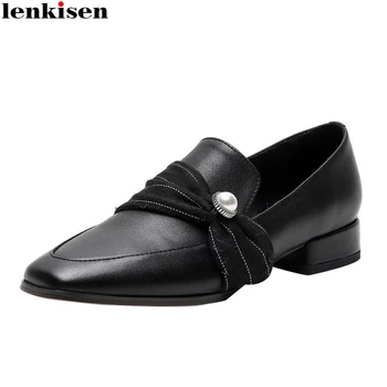 

Lenkisen british school full grain leather pearl mixed cloth square toe fashion low square heels slip on office lady pumps L06