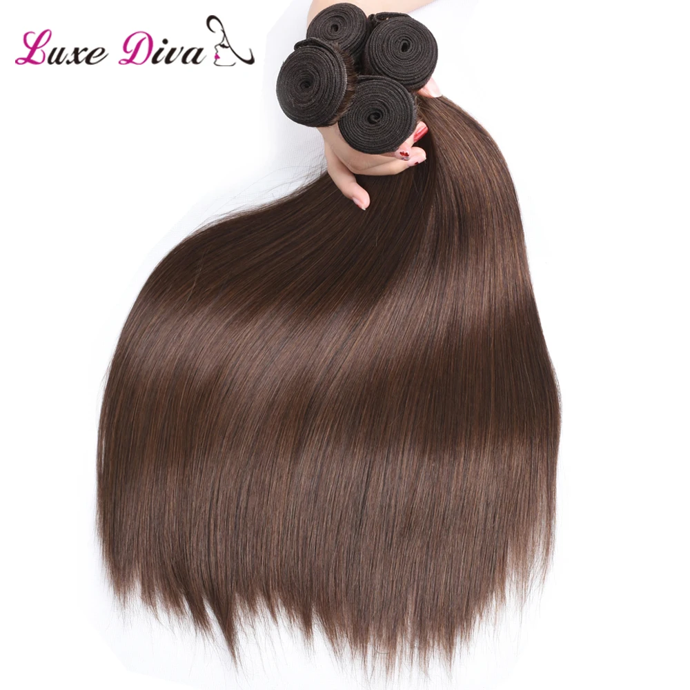 Light Brown Straight Human Hair Weave Bundles Brazilian Extension #4 Color Remy Bulk 1-4 Lots Luxe Diva | Шиньоны и парики