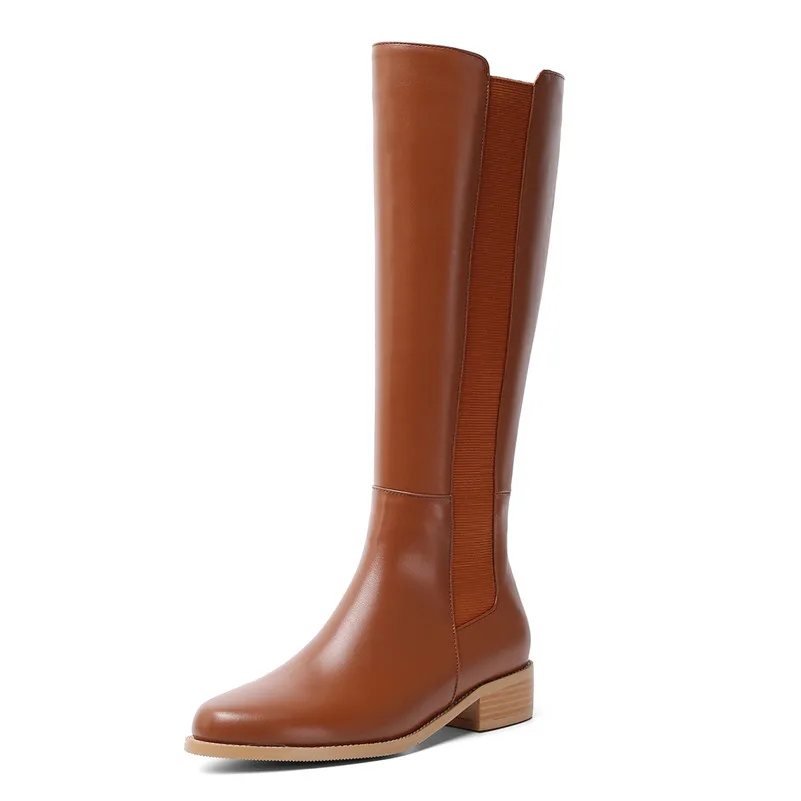 Meotina/зимние сапоги для верховой езды женские сапоги до колена из натуральной кожи на толстом каблуке обувь на молнии с круглым носком Женская Осенняя обувь, размеры 34-39 - Цвет: Brown Synthetic Lini