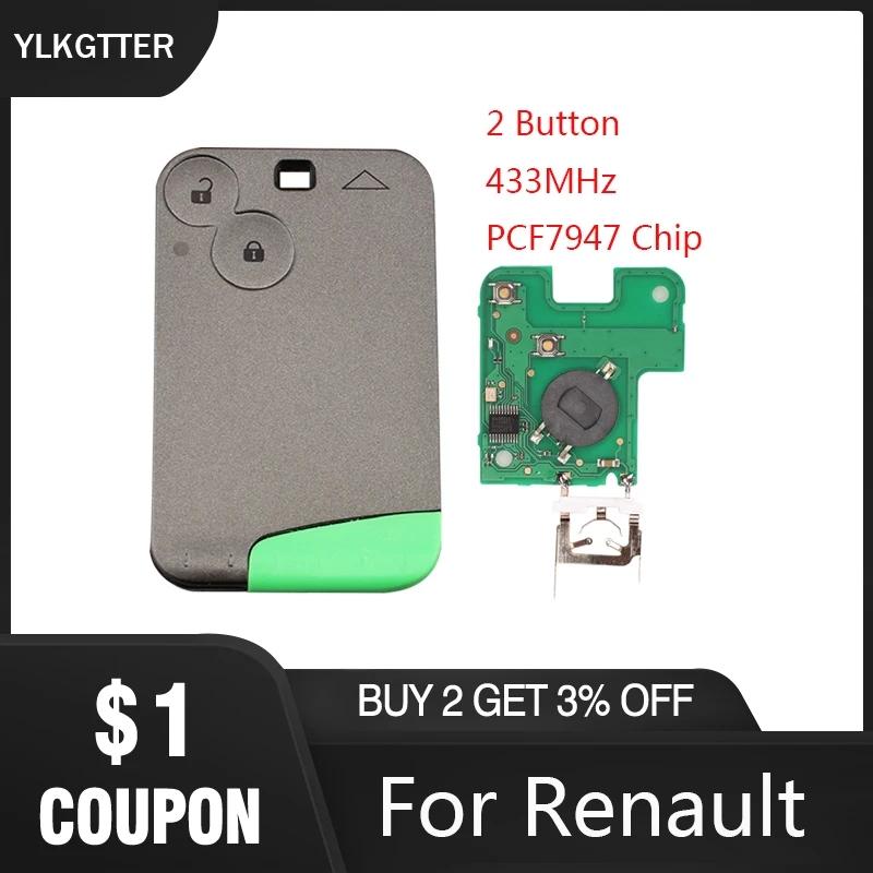 

YLKGTTER 433 MHz 2 Button Remote Card Smart Car Key for Renault Laguna Espace Vel-Satis with DIY Uncut Key Blade &PCF7947 Chip
