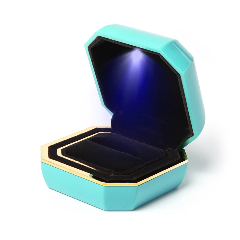 Blue Series Wedding Ring Packaging Box Pu Leather Zipper Led Light Metal Button Portable For Women Travel Gift Jewelry Display