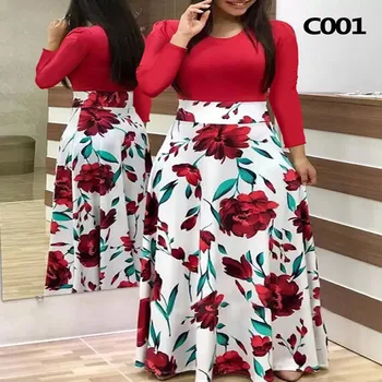 

2020 European And American Printing Color Matching Long-sleeved Dress Female Big Swing Skirt Banquet Retro Dress Casual Long Ski