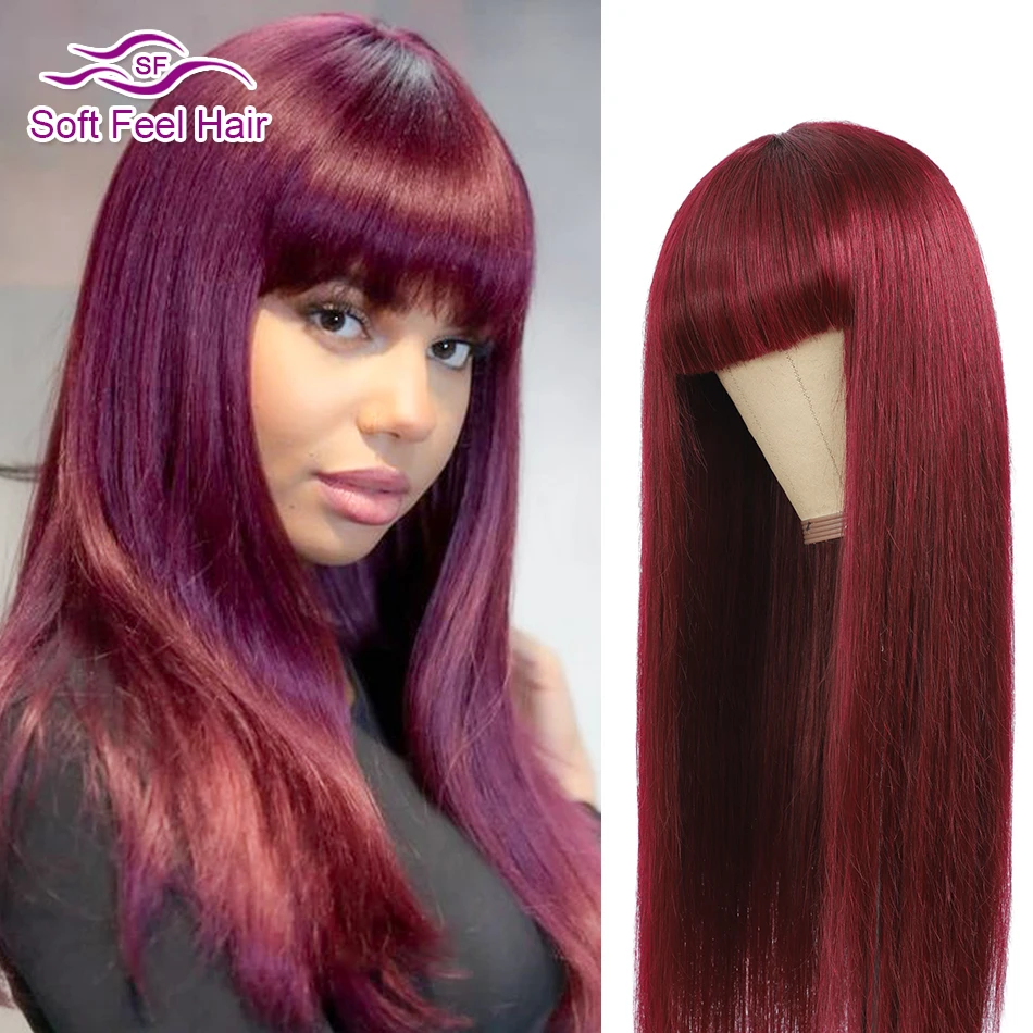 

Soft Feel Hair Brazilian Full Machine Made Wigs With Bangs Colored Straight Remy Human Wig 1B 99J Brown Blonde Wigs For Women