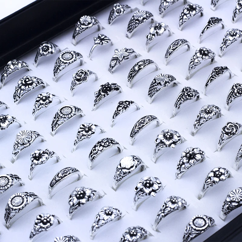 100 Pcs/Lot Flower Retro Gothic Alloy Rings for women Wholesale Party Jewelry Lots 3