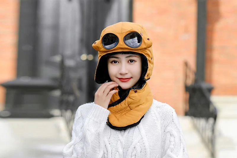 Women's Russian Ushanka snow skiing Hat caps women earflap winter hat with mask glasses raccoon fur bomber Hat