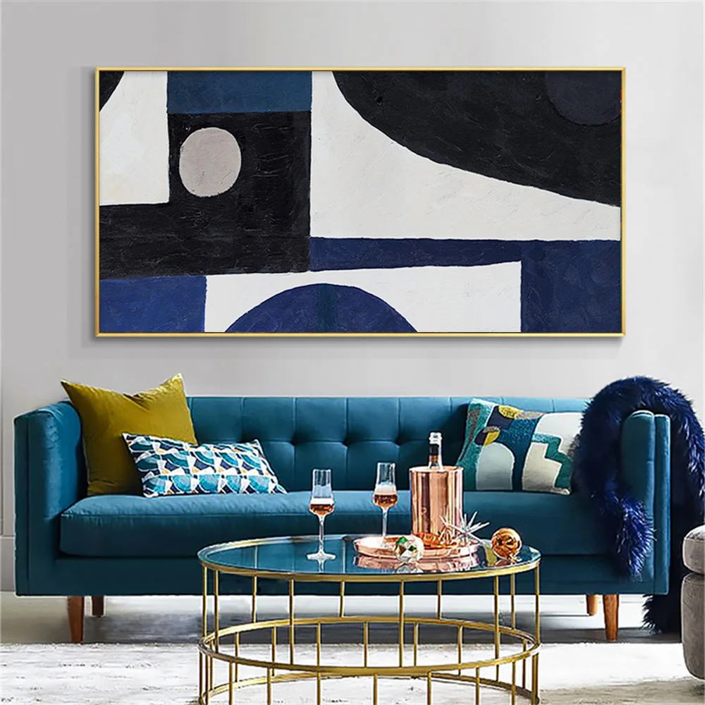 

100% ручная работа абстрактная животная живопись Современная синяя Геометрическая фотография для гостиной Картина на холсте оригинал