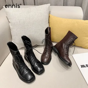 

ENNIS Fashion Square Low Heel Boots Women Lace Up Ankle Boots Round Toe Stretch Boots Winter Autumn Shoes Black Brown NEW A0183