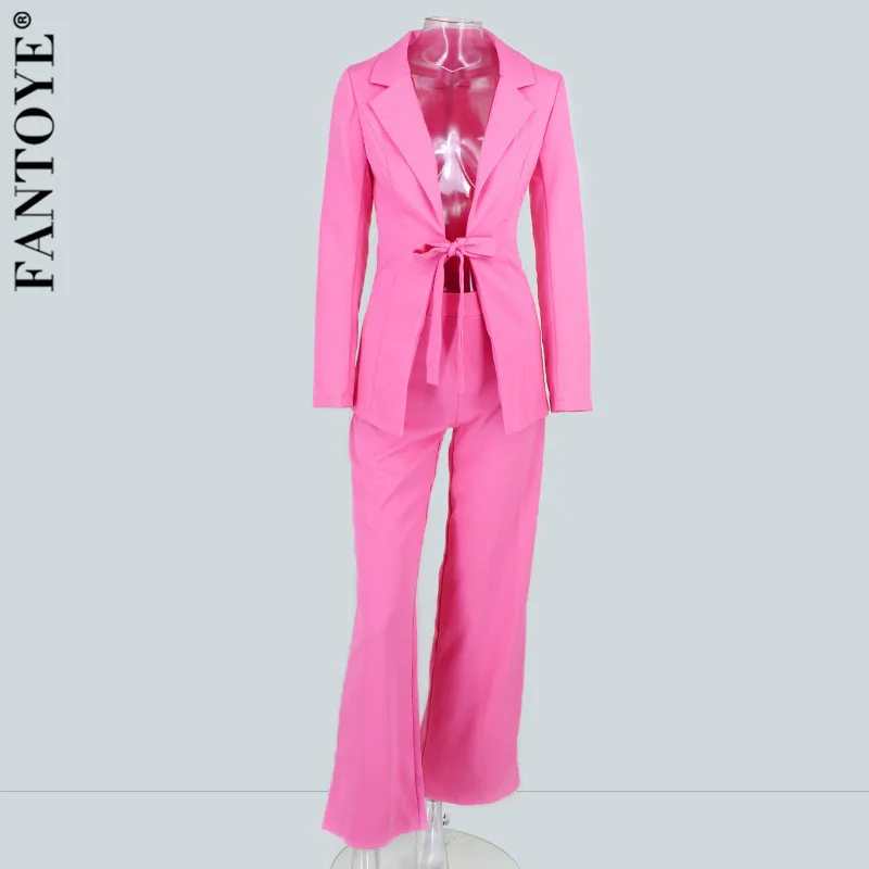 FANTOYE офисный Женский Повседневный Блейзер, женский осенний комплект из двух предметов, топ и штаны, модный розовый бандажный комплект из 2 предметов, женская одежда