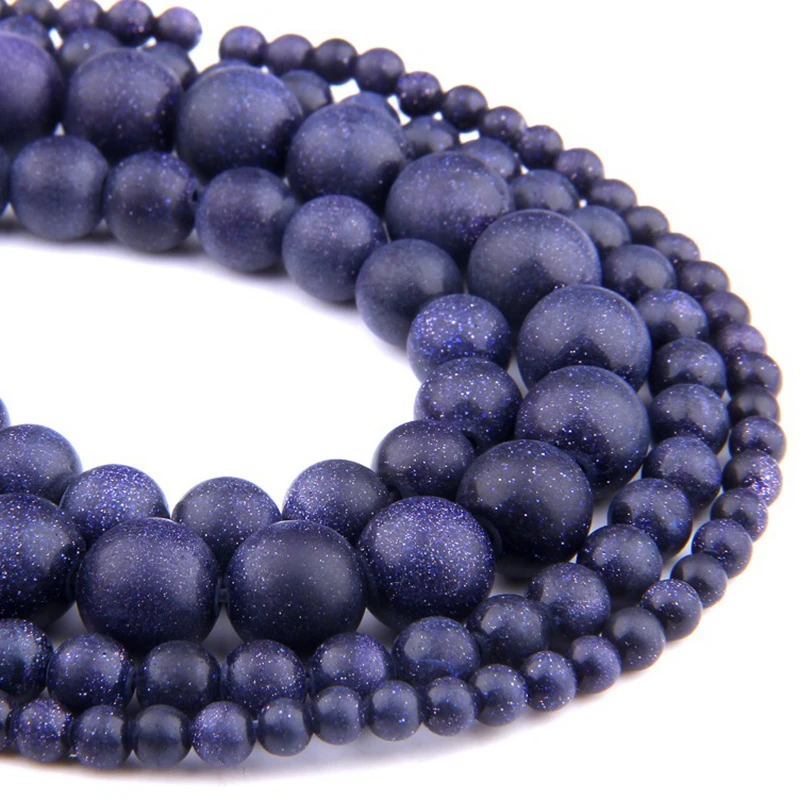 Round Frosted Matte Blue Sandstone Natural Stone Beads For Jewelry Making 15” 