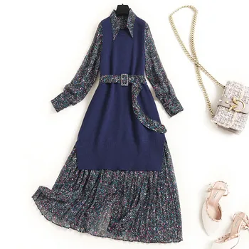 

High Quality Fashion Autumn Winter Clothes 2020 New Long Sleeve Vintage Print Knitted Midi Dress Two Piece Vestidos