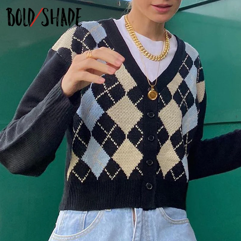 

Bold Shade Preppy Style Argyle Women Cardiagns Long Sleeve V-Neck Button 90s Grunge Outfits Autumn Winter Cropped Sweaters 2020