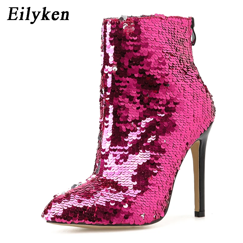 Eilyken/ботильоны с блестками; женские ботинки на высоком каблуке; обувь с острым носком; Женская шикарная Свадебная обувь; женская зимняя обувь