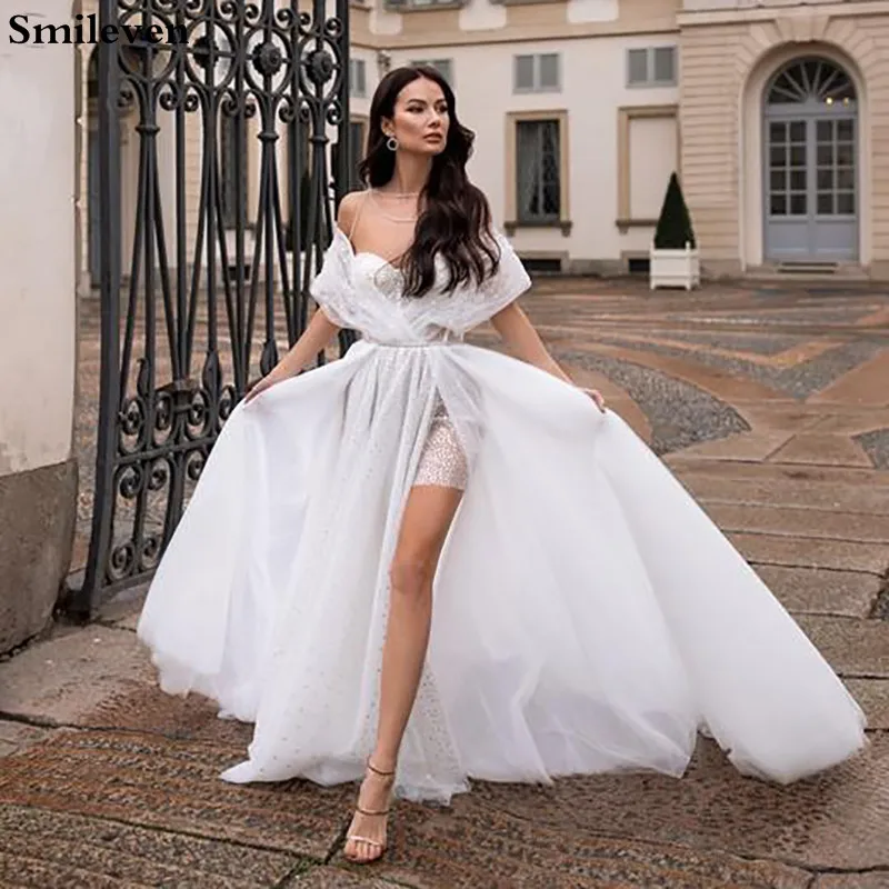 Smileven Сторона Сплит свадебное платье короткая юбка Boho 2020 пайетки Кружева