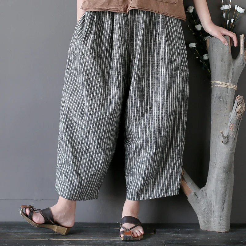 Comprare Ravanello pantaloni disegno originale delle donne di letteratura e di arte del cotone e lino casual stripes pantaloni larghi del piedino pantaloni di grandi dimensioni pantaloni di haren pantaloni