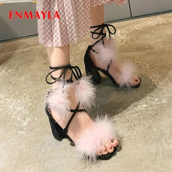 

ENMAYLA Women Platform Sandals Fashion Solid Feather Covered Square Heel Casual Lace-Up Flock Ankle Strap Sandals Women Shoes
