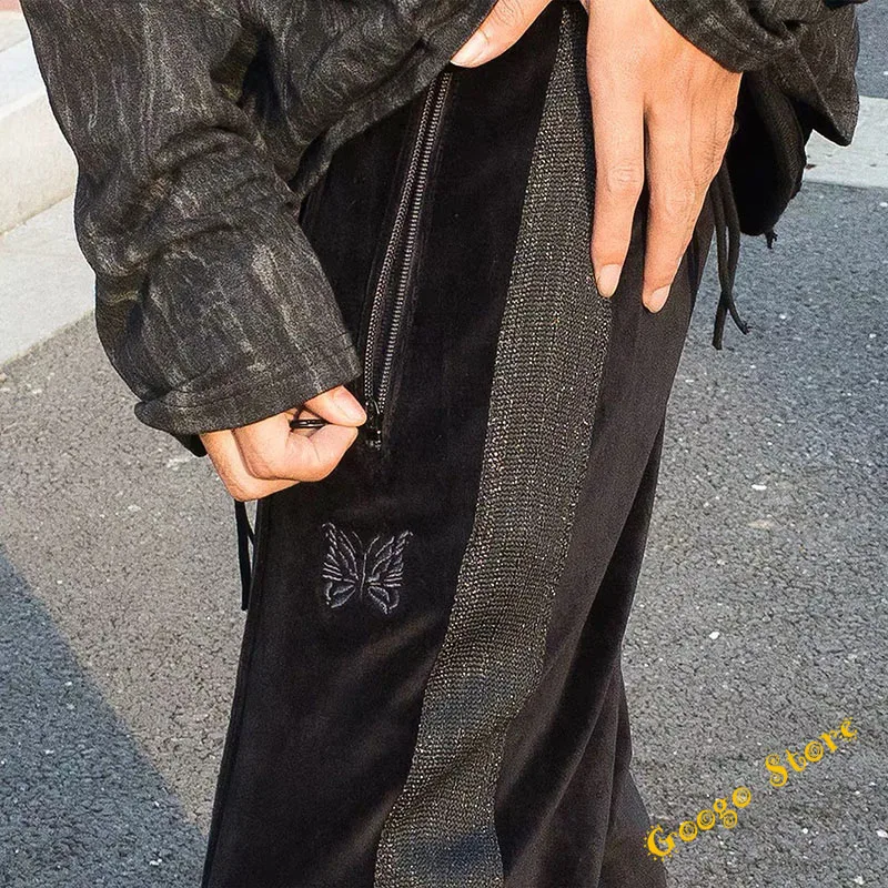 AWGE Rocky pantalones de chándal de terciopelo con bordado de mariposa hombre y mujer, pantalón de chándal con rayas negras, estilo Hip Hop| Pantalones informales| -