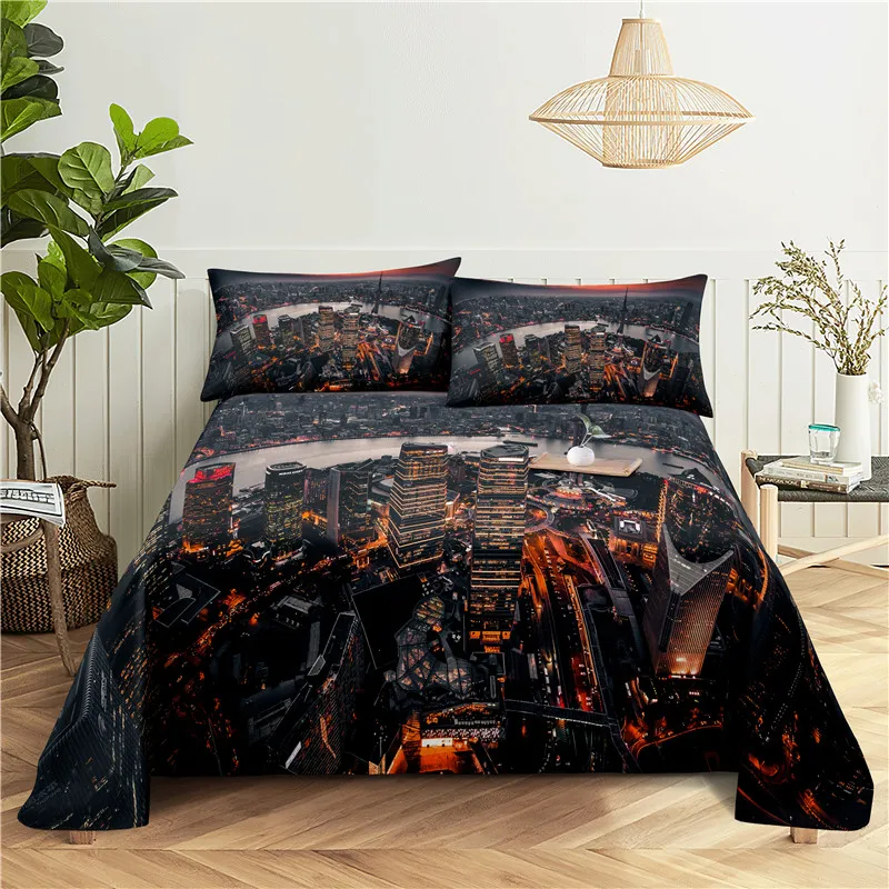 

City Night Scene 0.9/1.2/1.5/1.8/2.0m Digital Printing Polyester Bed Flat Sheet With Pillowcase Print Bedding Set