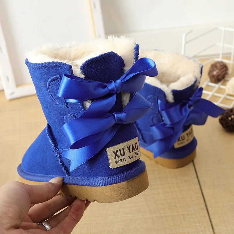 Новые брендовые зимние меховые ботинки для маленьких девочек; Водонепроницаемая детская зимняя обувь с бантом; теплые плюшевые детские ботинки для мальчиков и девочек; ботинки для малышей - Цвет: 3280 Sapphire