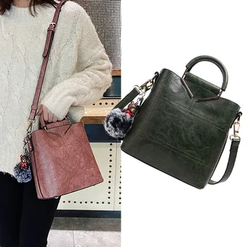 

Beibaobao Brand Women Shoulder Bags Vintage Luxury Leather Female Handbag Bucket Messenger Bag For Women 2019 Designer Fur Ball