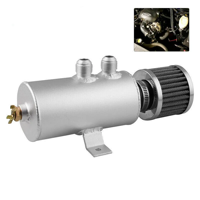 

Silver Aluminium Baffled Engine Oil Trap Tank Dual Port Breather Filter Replace