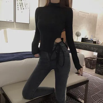 

Sexy Women Tops Chic Slim Bodycon Crop Top Autumn Hollow Lace-up Solid Color Turtleneck Slim Tee Tshirt Spring Long Sleeve Tee