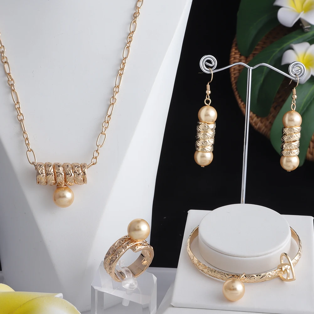 Cring Coco Hawaiian 4 PCS Jewelry Sets Gold Filled Colorful Pearl Bangles Bracelet Earing Sets Women Drop Earrings for Mother