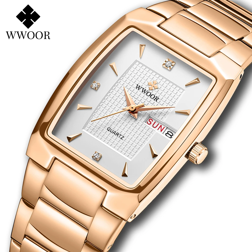 Watches Men WWOOR Brand Casual Simple Men's Quartz Clock Rose Gold Square Waterproof Week Display Wristwatches Relogio Masculino
