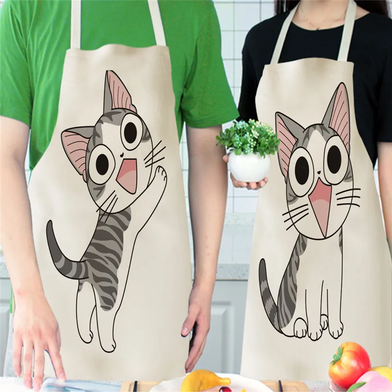 1 Pcs Kitchen Apron Animals Cute Cartoon Cat Sleeveless Cotton Linen Aprons for Women Home Cleaning Tools