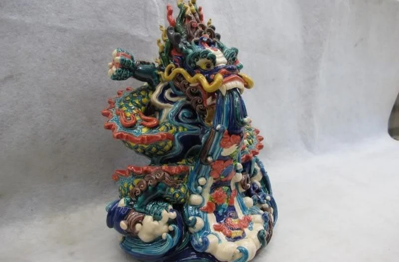 Taiwan Koji Cochin pottery WuCai Colorful porcelain spit Water Dragon Art Statue | Дом и сад