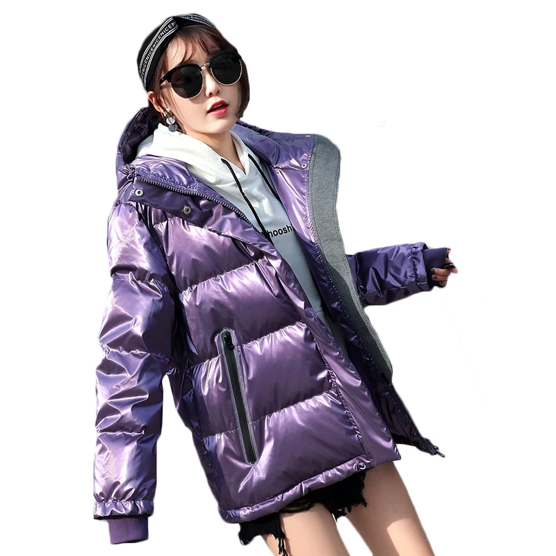 

Glossy Silver Down Coats Winter Jacket Womens Hooded Warm Down Parkas Coat New Winter Short Glossy White Duck Down Jacket Coats
