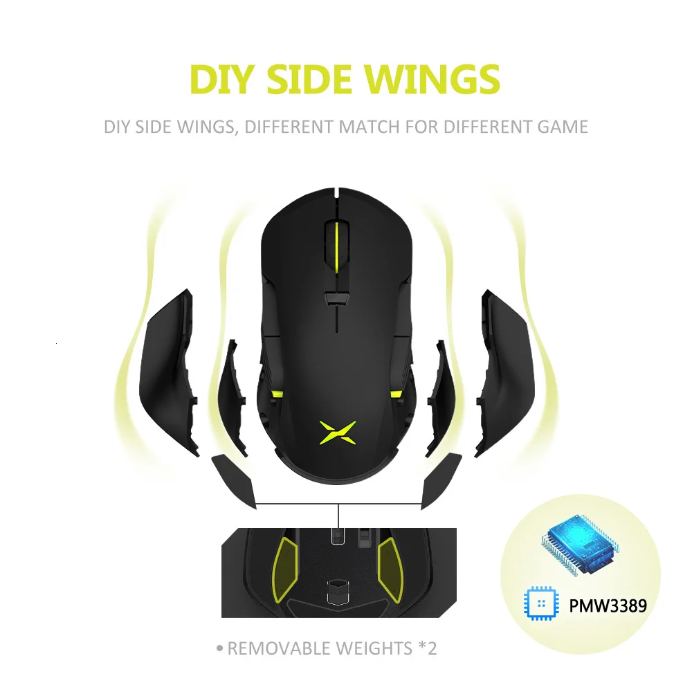 Delux M627 PMW3389 сенсор Проводная+ беспроводная RGB игровая мышь 16000 dpi 8 кнопок левая и правая рука мыши с DIY боковые крылья