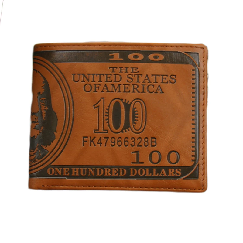 Light brown Мужские кошельки с узором в виде доллара США 100, мужской кожаный бумажник, фото держатель для карт, модный вместительный кошелек - Цвет: Light brown
