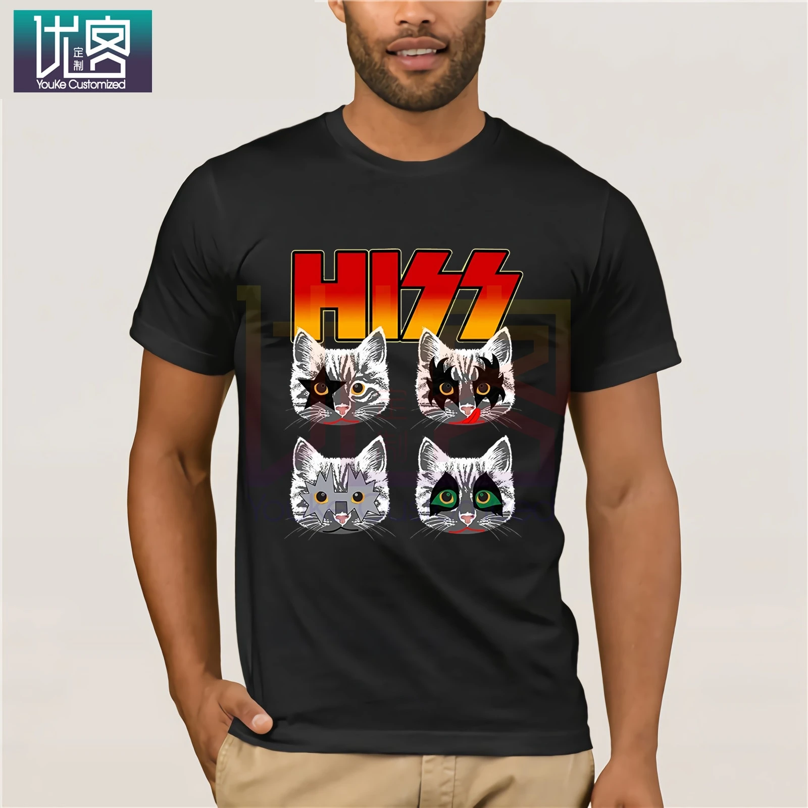 Men Shirt Hiss Kiss Cats Kittens Rock Funny T-shirt Vintage Crew Neck Clothes Popular T-Shirt Crewneck 100% Cotton Tees | Мужская одежда