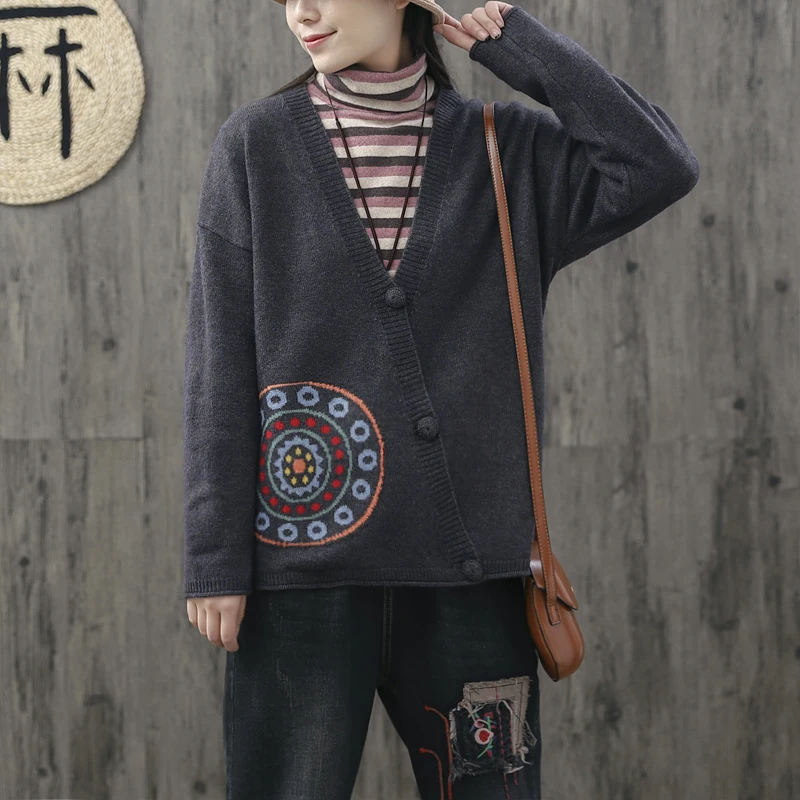 

Circle pattern eastern style side buttons vintage Cardigan sweater mori girl 2019 autumn winter