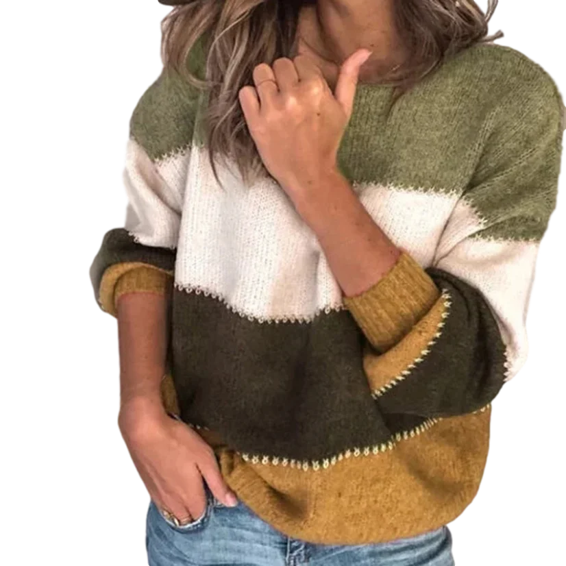 Striped Women Autumn Sweaters Colorblock Knitted Top Fit O Neck Pullover Europe Long Sleeve 2020 New Casual Pullovers