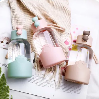 

Cute Cartoon Bungee Bear Glass Water Bottle BPA Free Transparent Drink Bottle For Student Girl Leak Proof Cup With Portable Rope